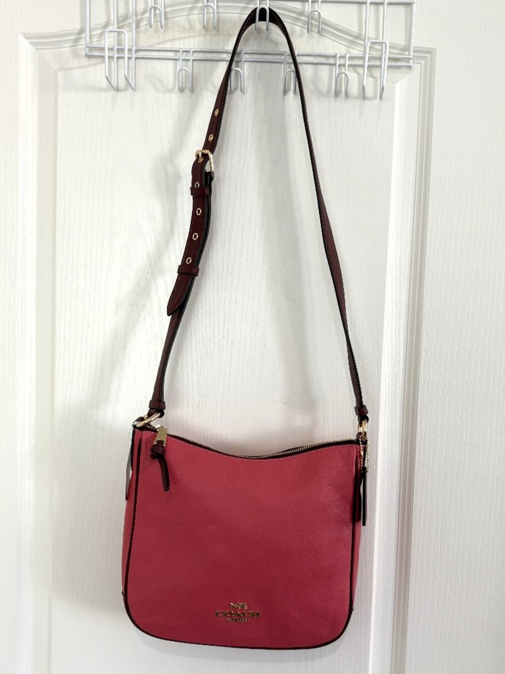 Coach Ellie Contrast Trim File Bag Leather Crossbody Handbag Watermelon Pink NEW